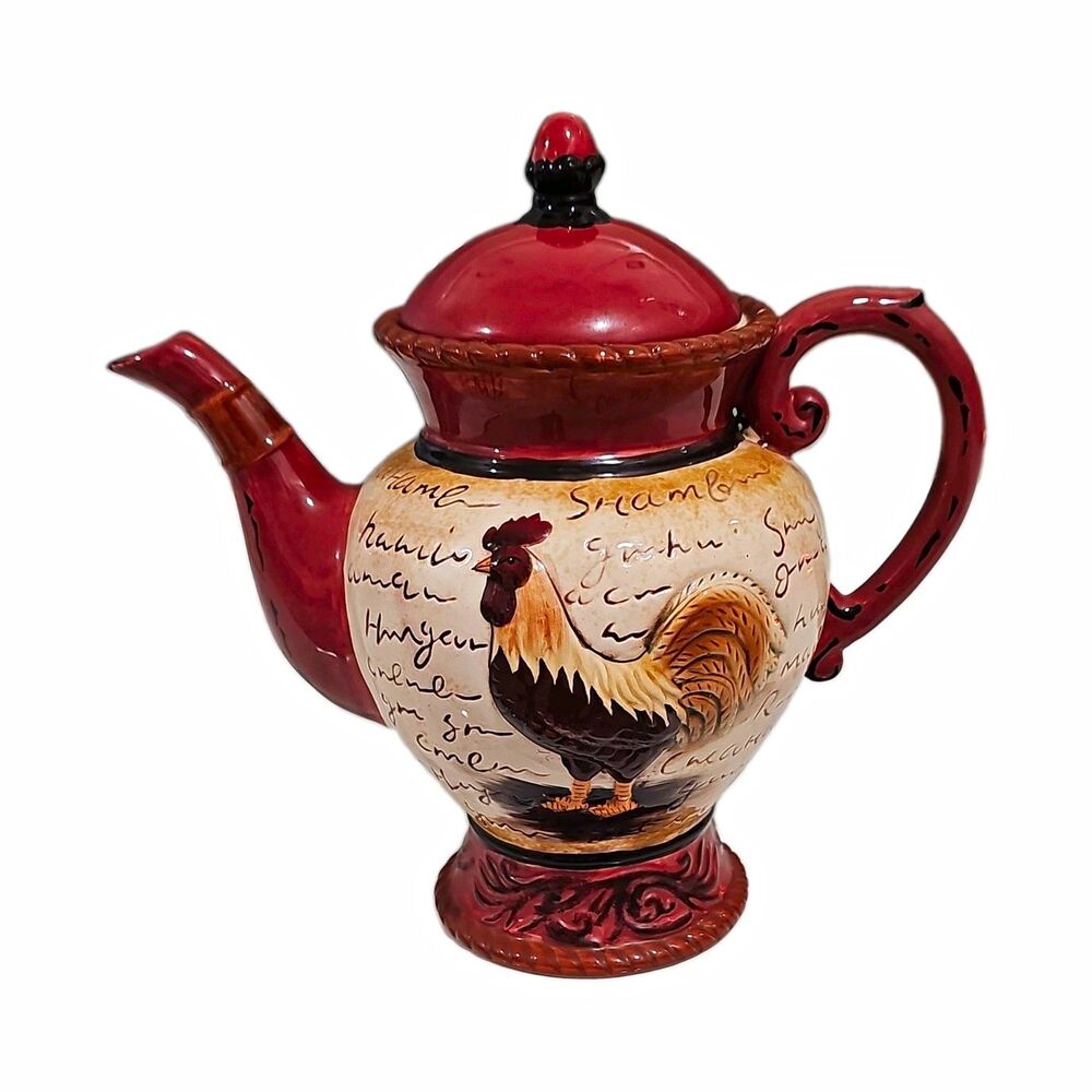 tii Collections Ceramic Rooster chicken Teapot w/ Lid Glossy Red Beige